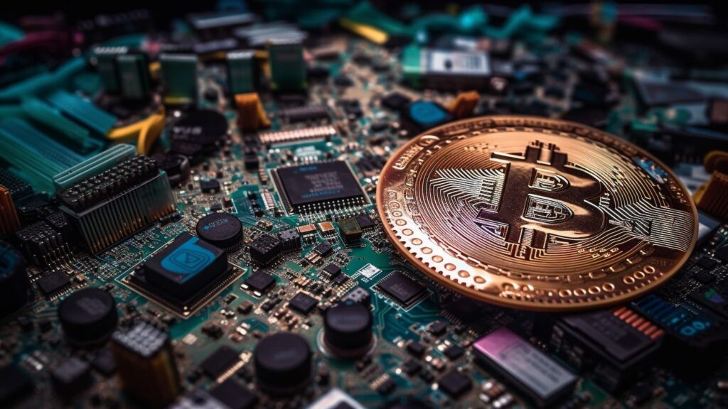 Placa de circuito digital mostra o progresso tecnológico da indústria gerado pela ia - Mineração de Bitcoin