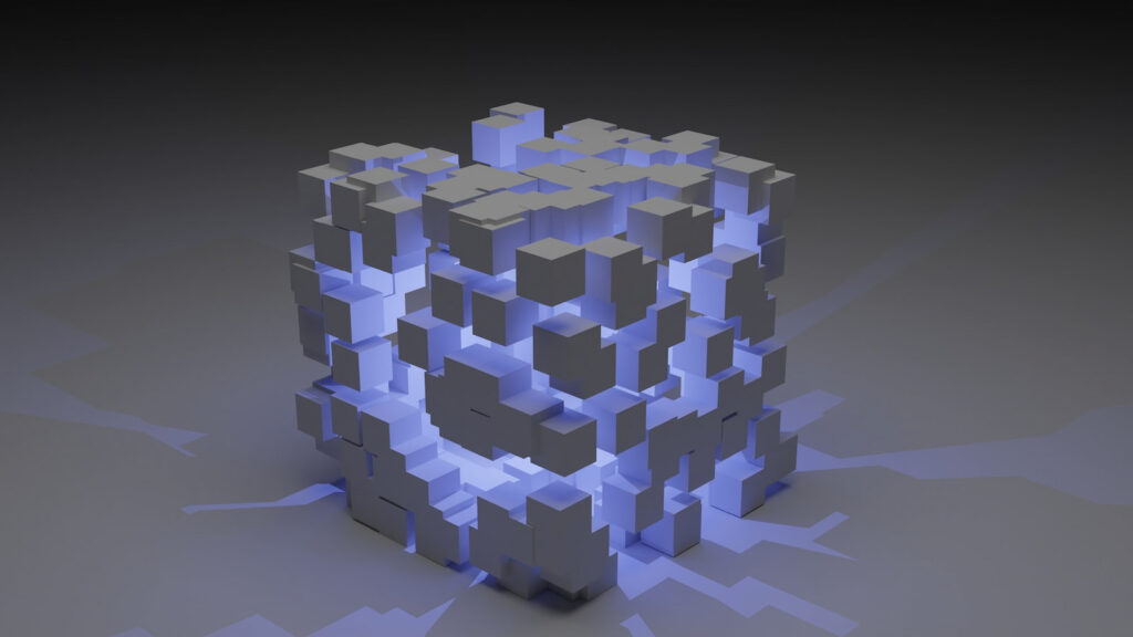 Uma imagem 3d de um cubo feito de cubos - Mineração de Bitcoin