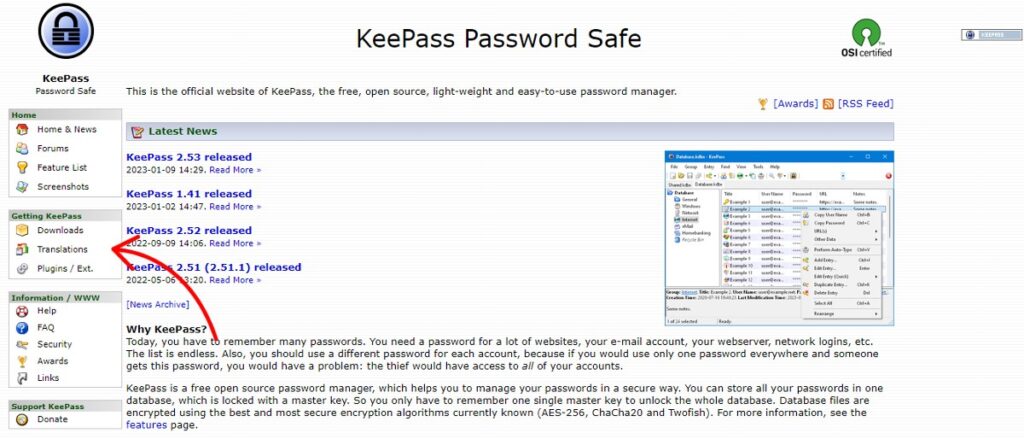 Pagina inicial do KeePass