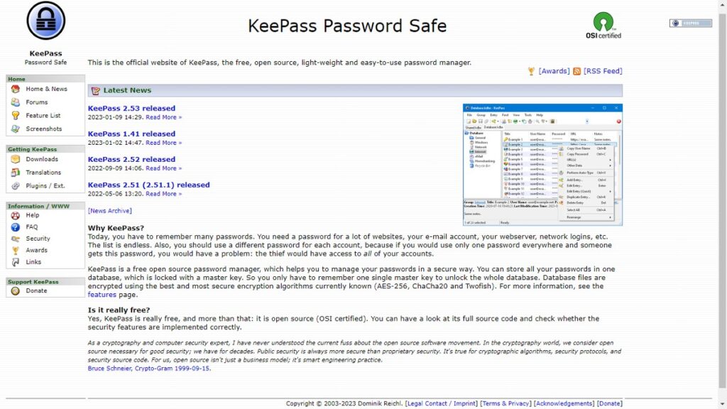 Pagina inicial do gerenciador de senhas KeePass