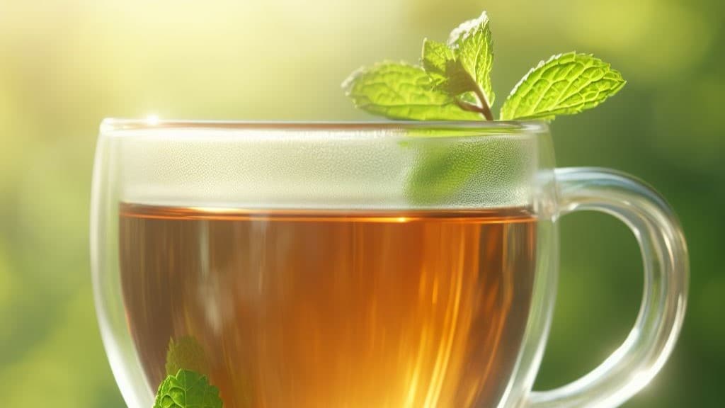 Copo com chá, folha verde - ebook Desparasitação Natural