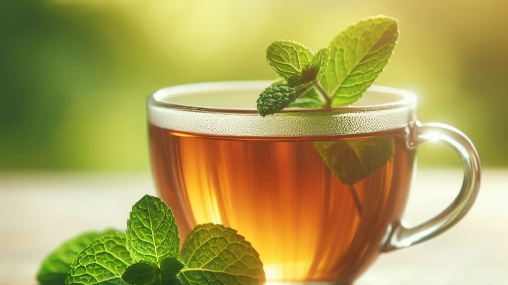 Copo com chá, folha verde - ebook Desparasitação Natural